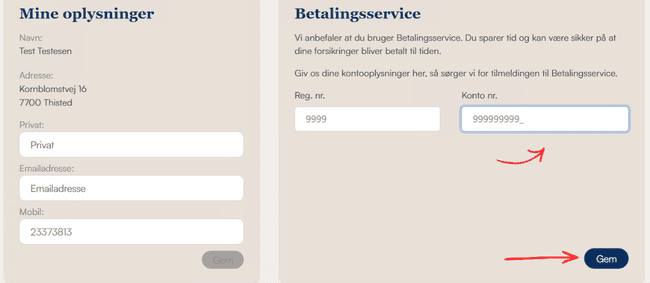 Step 4 - Tilføj dit registreringsnummer og kontonummer i de to felter