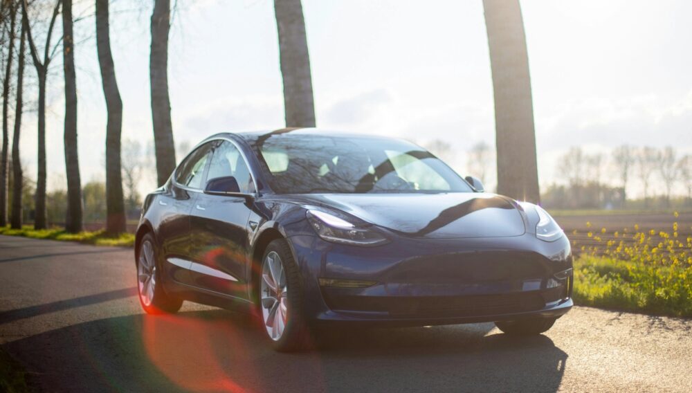 Tesla Model 3 kører på lille landevej med træer langs vejkanten.