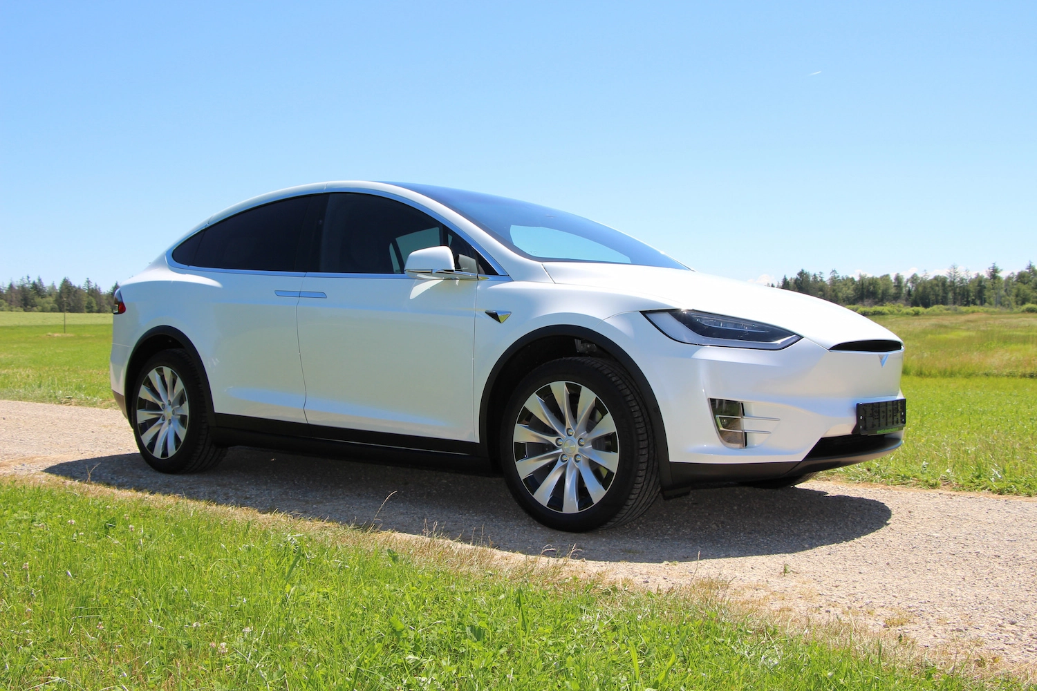 Tesla Model X står på en landevej i solskinsvejr.